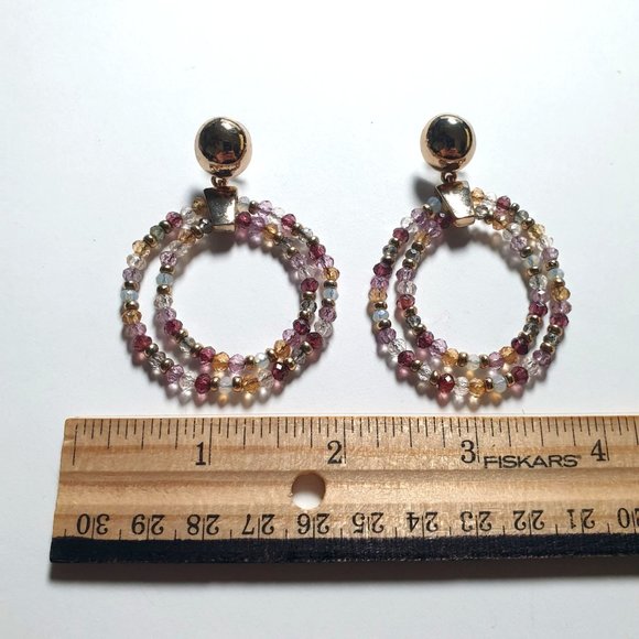 Beaded Hoop Earrings Gold Tone Vintage Earrings Womens Jewelry Costume Purple - Picture 2 of 7